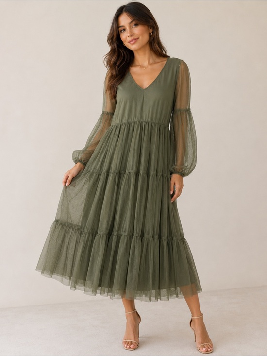 Baltic Born Dresses & Skirts - Baltic Born Olive Tulle Tiered Midi Dress Balloon Sleeve Size L Boho Whimsical